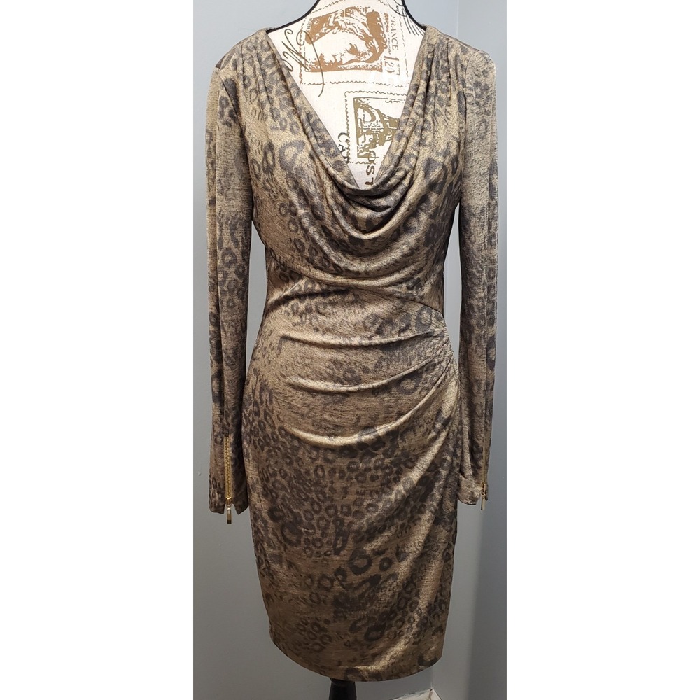 Caché Bodycon Dress Women Medium Multi Leopard Print Metallic Cowl Neck Side Zip